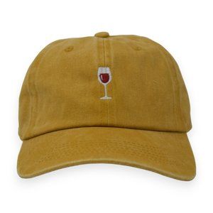 Wine Glass Embroidered 6 Panel Unstructured Pigment Dyed Cotton Dad Hat - GOLD